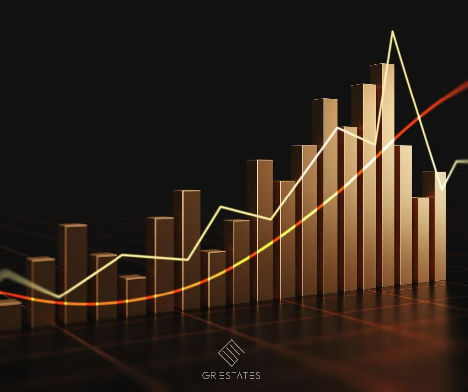 Golden 3D bar chart rising from left to right on a dark background, with glowing trend lines and the GR Estates logo